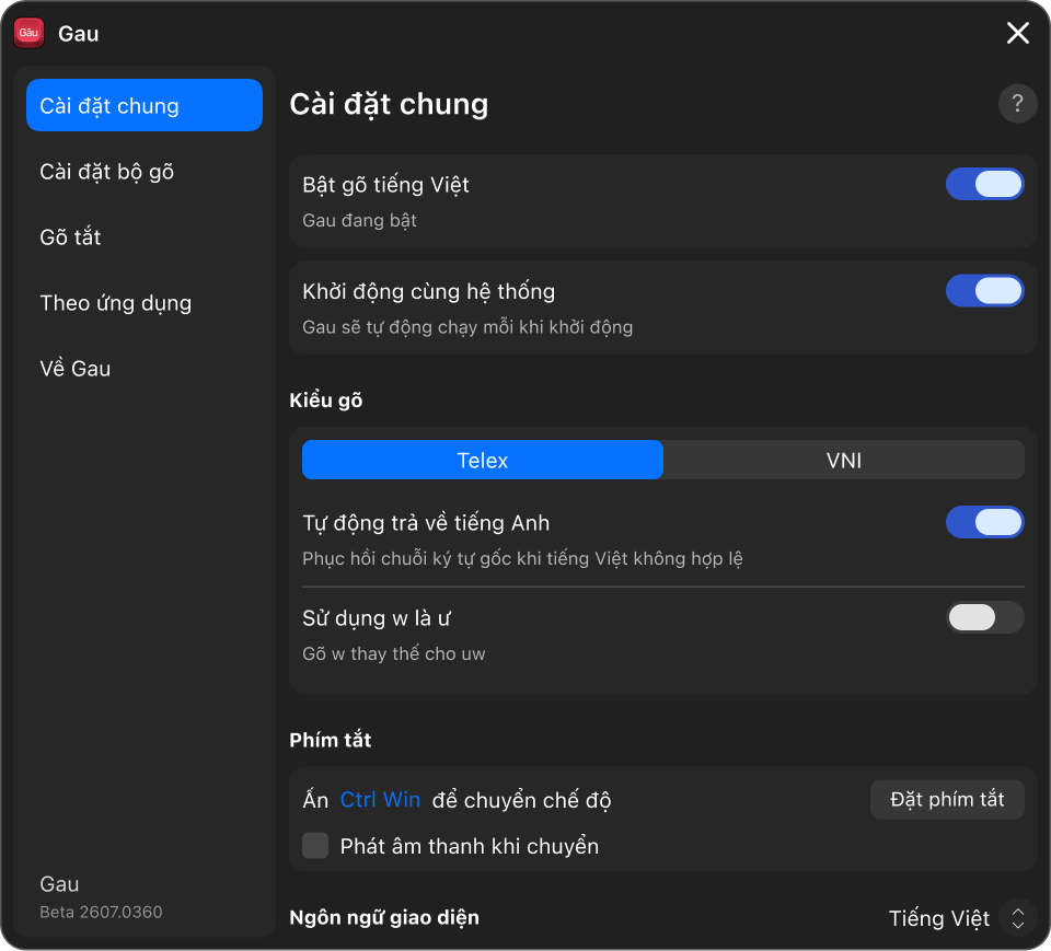 Giao diện Gau trên Windows, chế độ tối